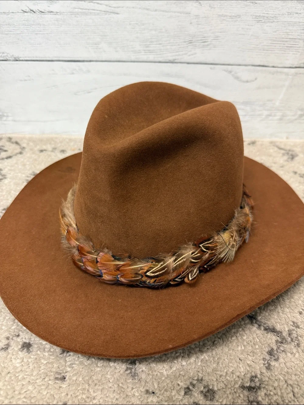 Brown Felt Polo Ralph Lauren Brittany Ltd Western Hat with Feather Band